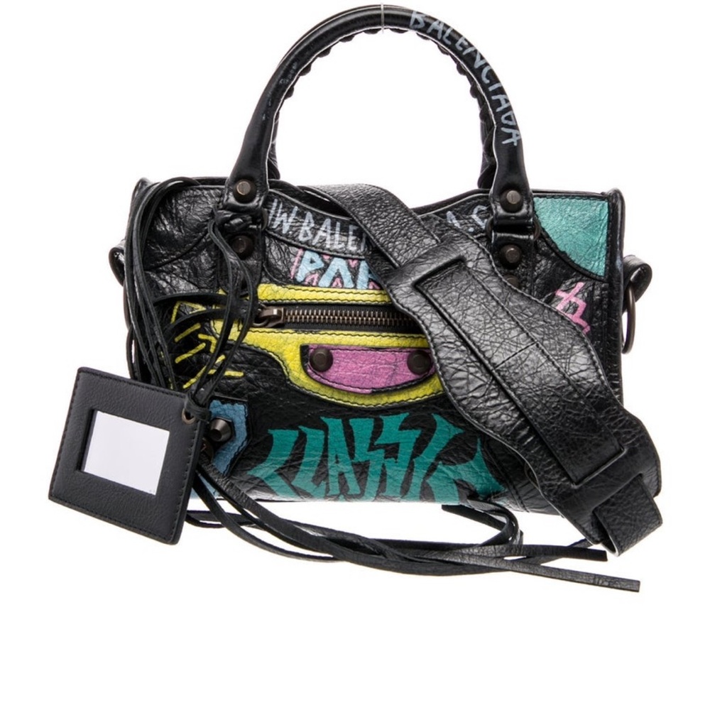 Balenciaga Black Leather Mini City Bag with Multicolor Graffiti